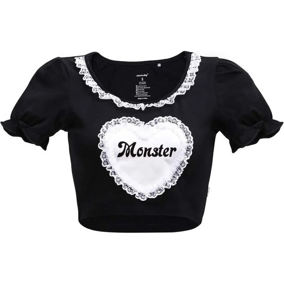 Kawaii Crop Black top Puff Sleeve cotton Scoop  Neck Shirt For Women's - Picture 2 of 8